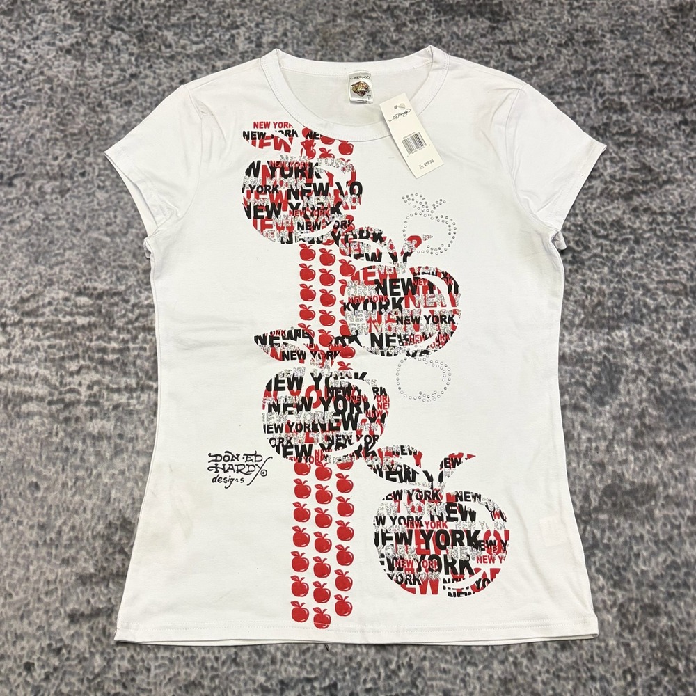 NWT Ed Hardy Short Sleeve Top Womens Large White New York Big Apple Grunge Y2K
